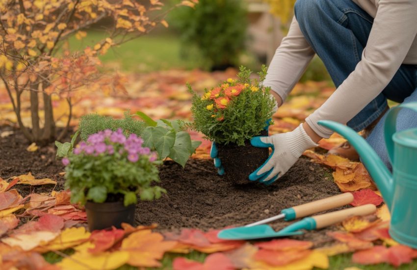 Hands planting colorful perennial flowers in soil surrounded by autumn leaves and gardening tools in a fall garden.