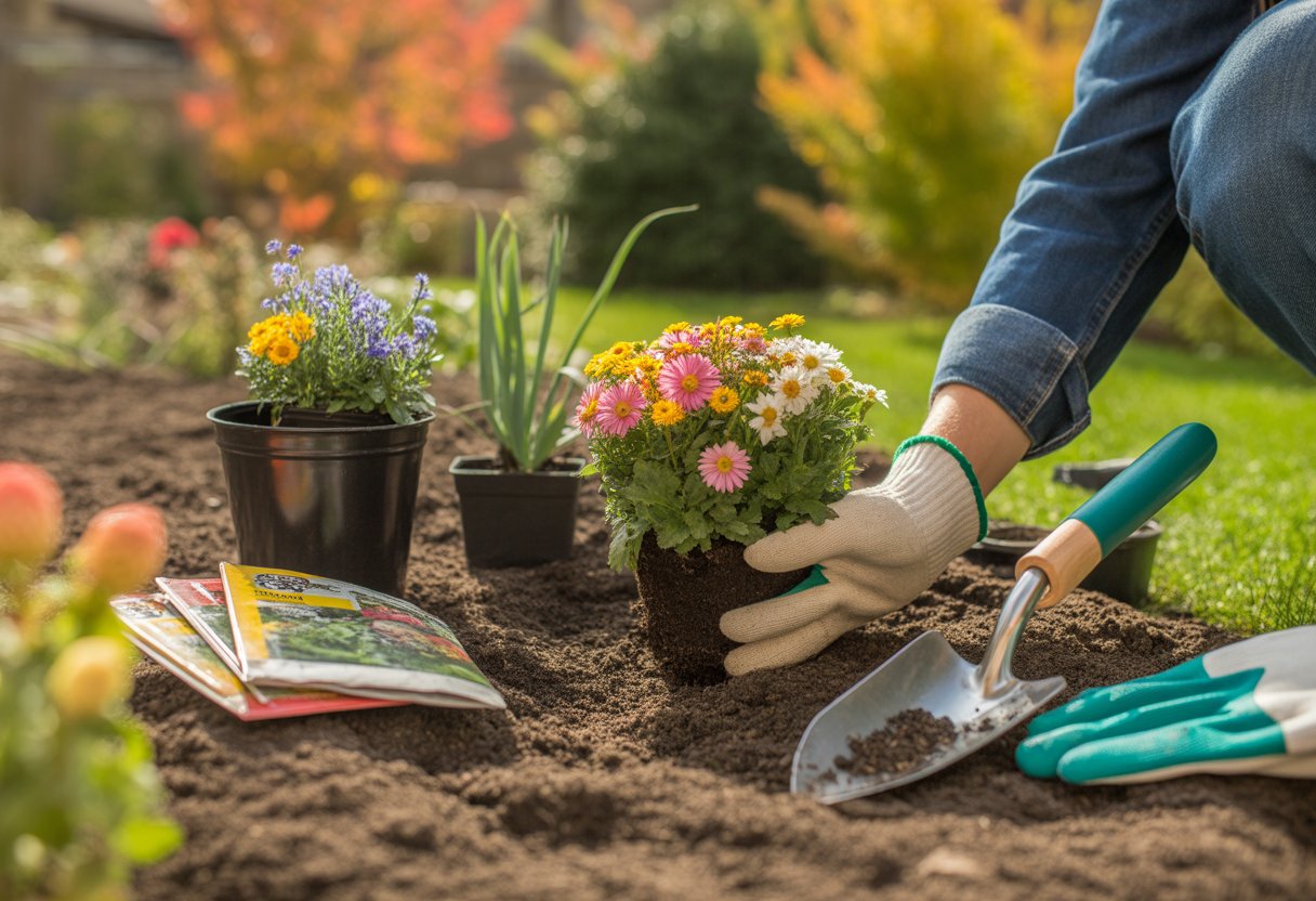 Hands planting perennial flowers in soil with gardening tools nearby and autumn foliage in the background.
