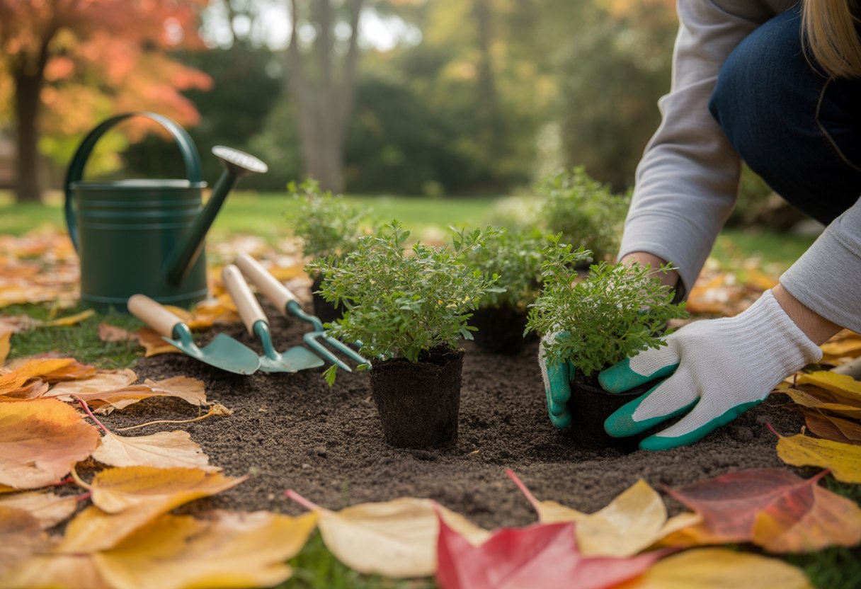 A gardener planting young perennial plants in soil surrounded by autumn leaves with gardening tools nearby.