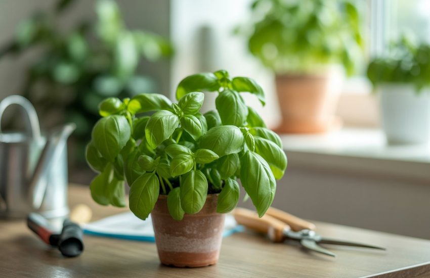 A healthy sweet basil plant growing in a terracotta pot on a wooden table with gardening tools nearby.