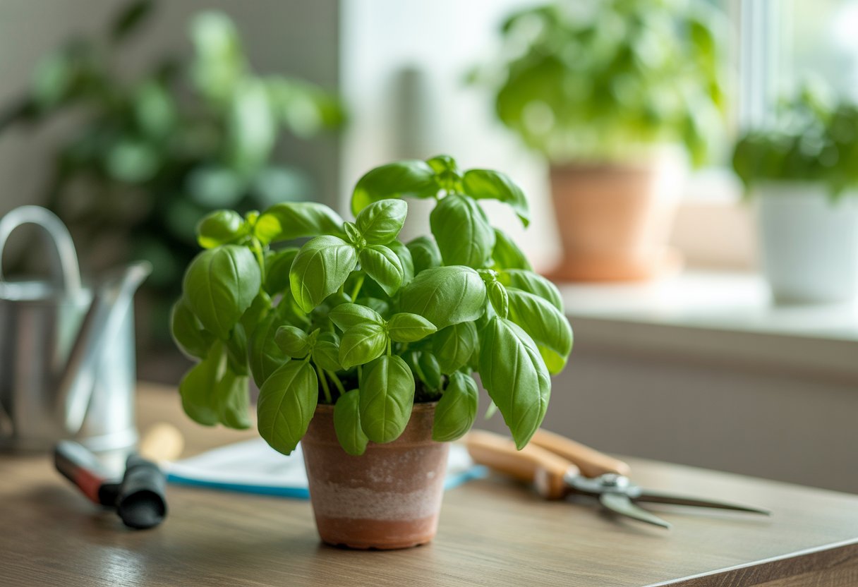 How to Grow Sweet Basil Successfully Indoors and Outdoors - PlantNative.org A healthy sweet basil plant growing in a terracotta pot on a wooden table with gardening tools nearby.