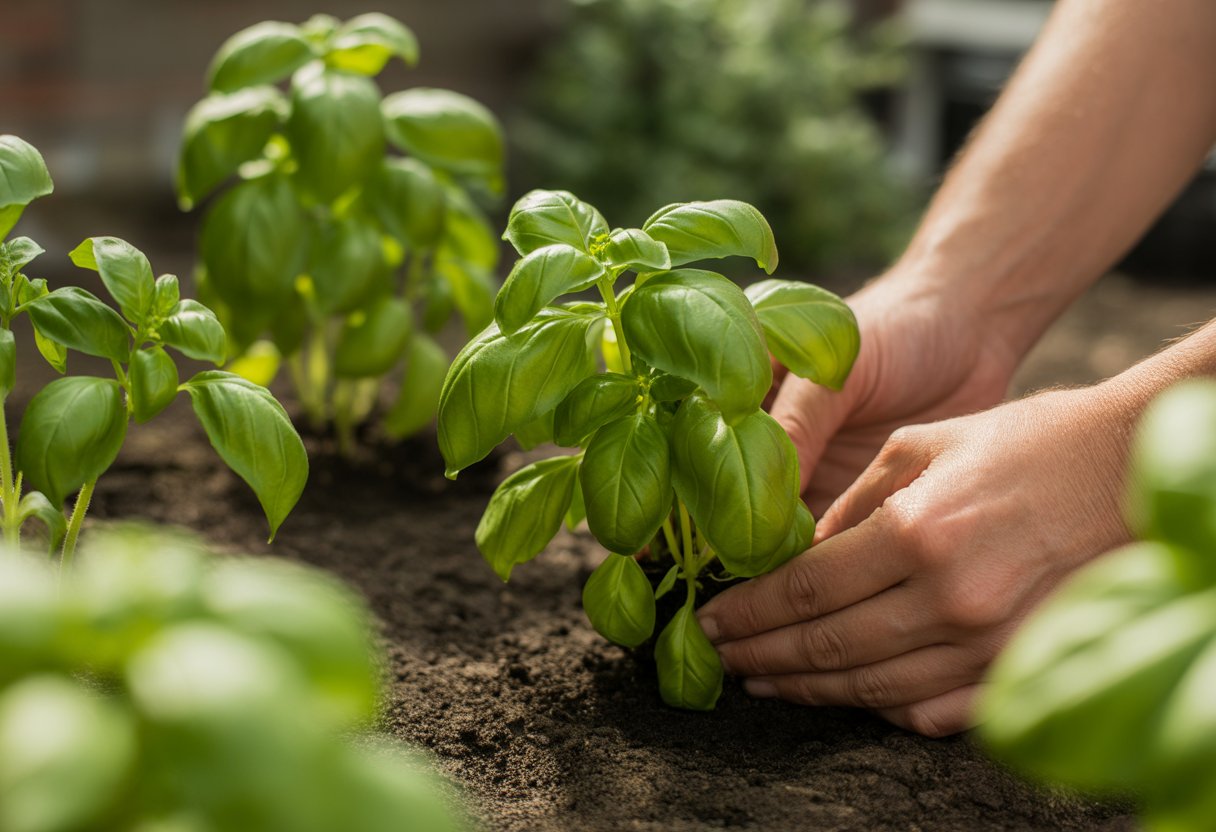 How to Grow Sweet Basil Successfully Indoors and Outdoors - PlantNative.org Close-up of hands planting sweet basil seedlings in soil with healthy green basil plants around.