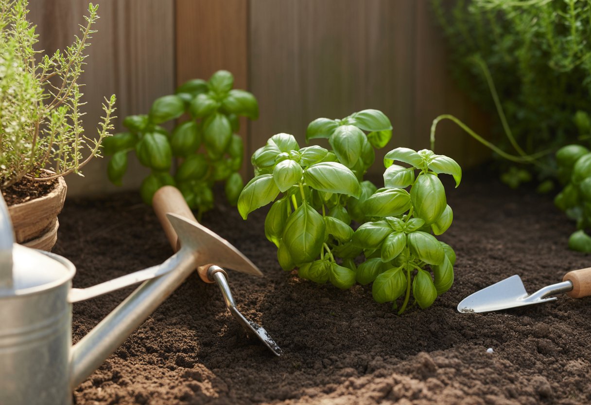 How to Grow Sweet Basil Successfully Indoors and Outdoors - PlantNative.org Close-up of healthy sweet basil plants growing in soil with gardening tools nearby in an outdoor garden.