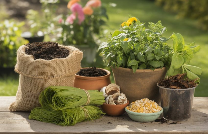 Various natural garden fertilizers including compost, soil, seaweed, eggshells, and worm castings arranged on a wooden table with garden plants in the background.