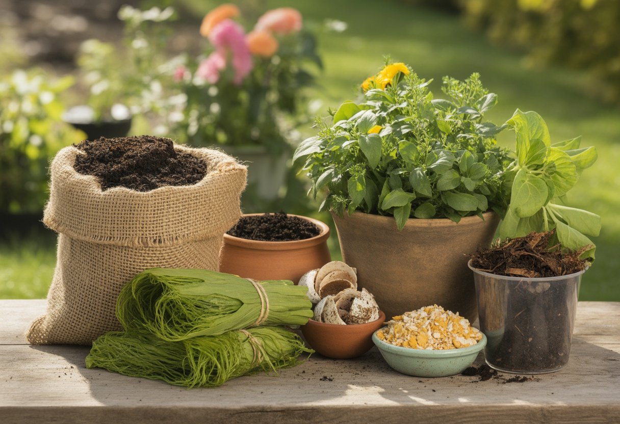 Various natural garden fertilizers including compost, soil, seaweed, eggshells, and worm castings arranged on a wooden table with garden plants in the background.