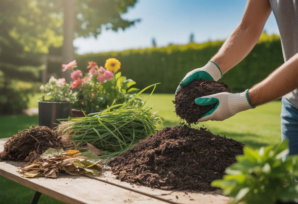 A gardener spreading natural fertilizer around healthy plants in a vibrant garden with compost, grass clippings, and leaves nearby.