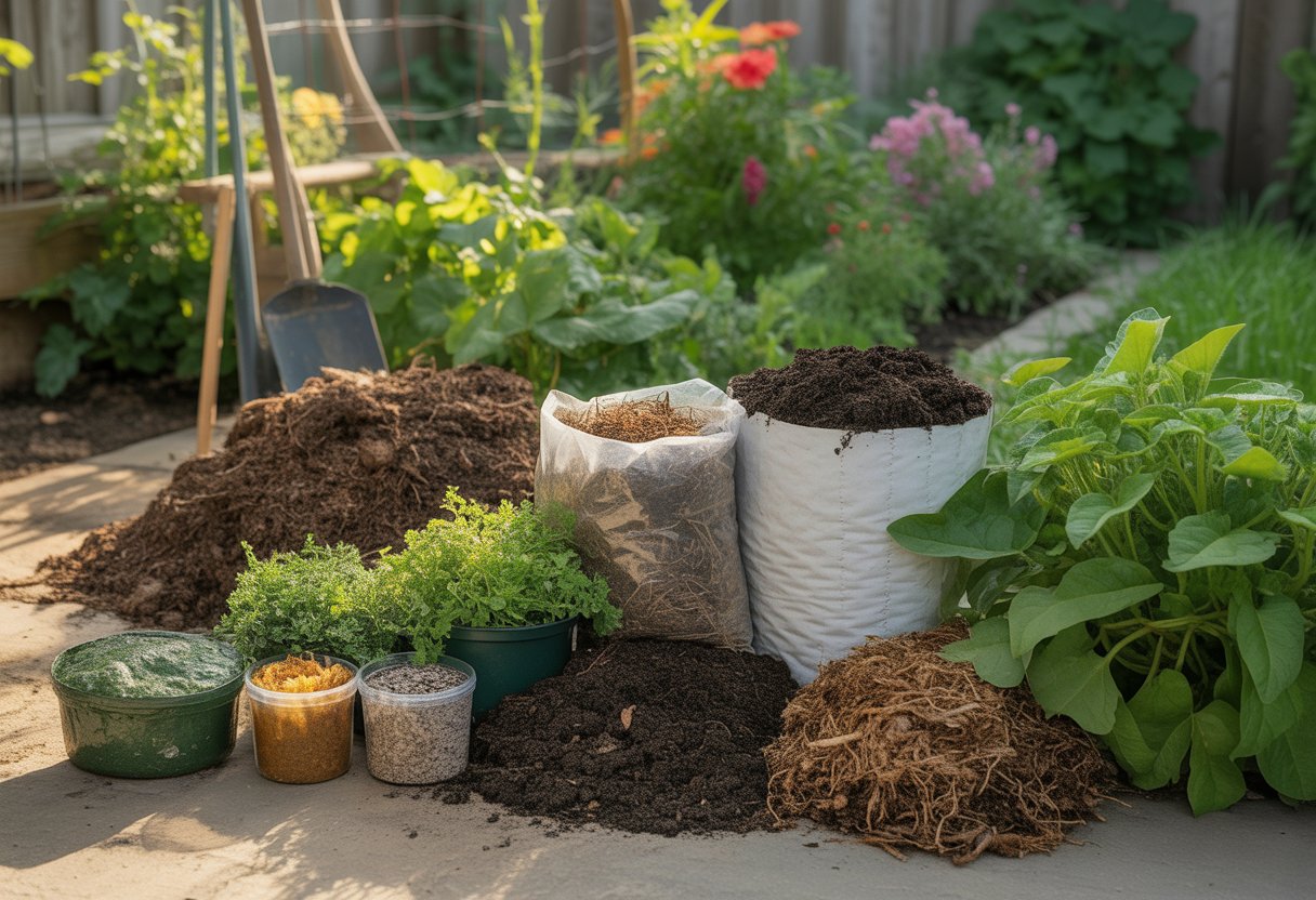 A garden bed with healthy plants surrounded by natural fertilizers like compost, mulch, and worm castings under sunlight.