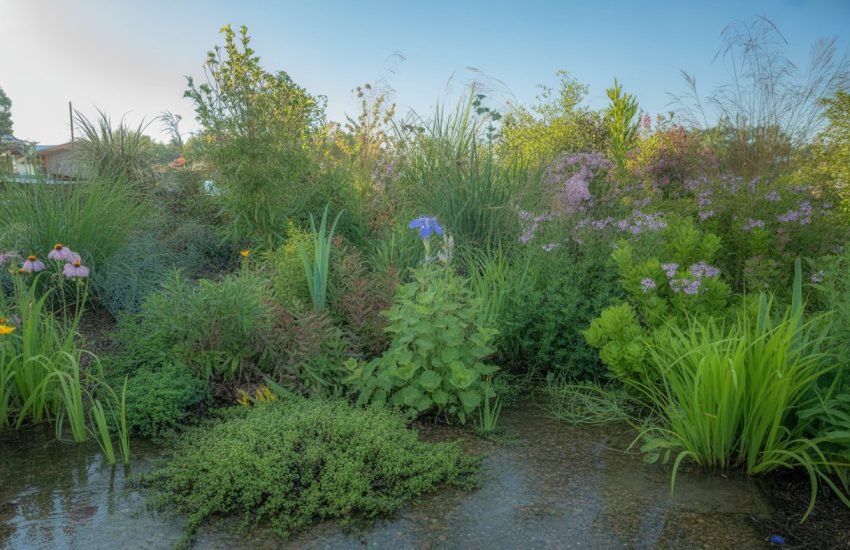 A diverse rain garden with various green plants and colorful flowers growing in a shallow depression with wet soil and water pooling.