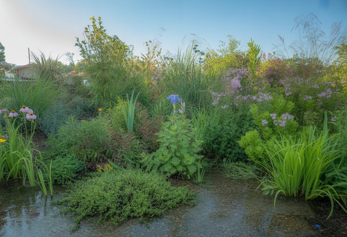 Rain Garden Plant Selection Guide for Optimal Growth and Water Management - PlantNative.org A diverse rain garden with various green plants and colorful flowers growing in a shallow depression with wet soil and water pooling.