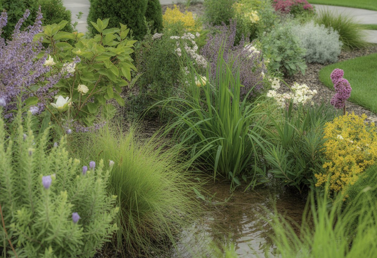 Rain Garden Plant Selection Guide for Optimal Growth and Water Management - PlantNative.org A rain garden filled with diverse healthy plants including flowering perennials, grasses, and shrubs in a suburban garden setting.