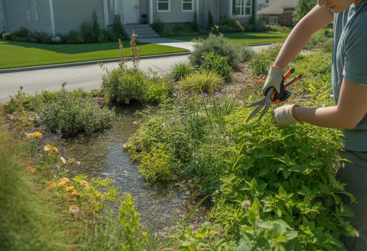 Rain Garden Plant Selection Guide for Optimal Growth and Water Management - PlantNative.org A person tending to a colorful rain garden with various plants and flowers near a suburban home on a sunny day.