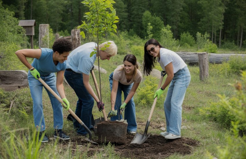 People planting young native trees outdoors in a green natural setting to support wildlife.
