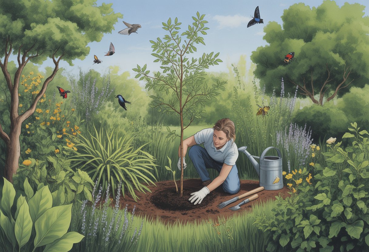 A gardener planting a young native tree in a wildlife garden filled with native plants, birds, and butterflies.