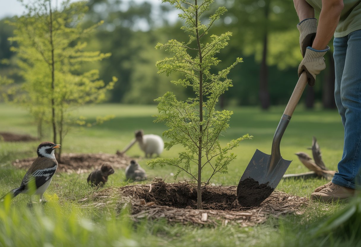 A person planting a young native tree outdoors surrounded by greenery and wildlife habitat.