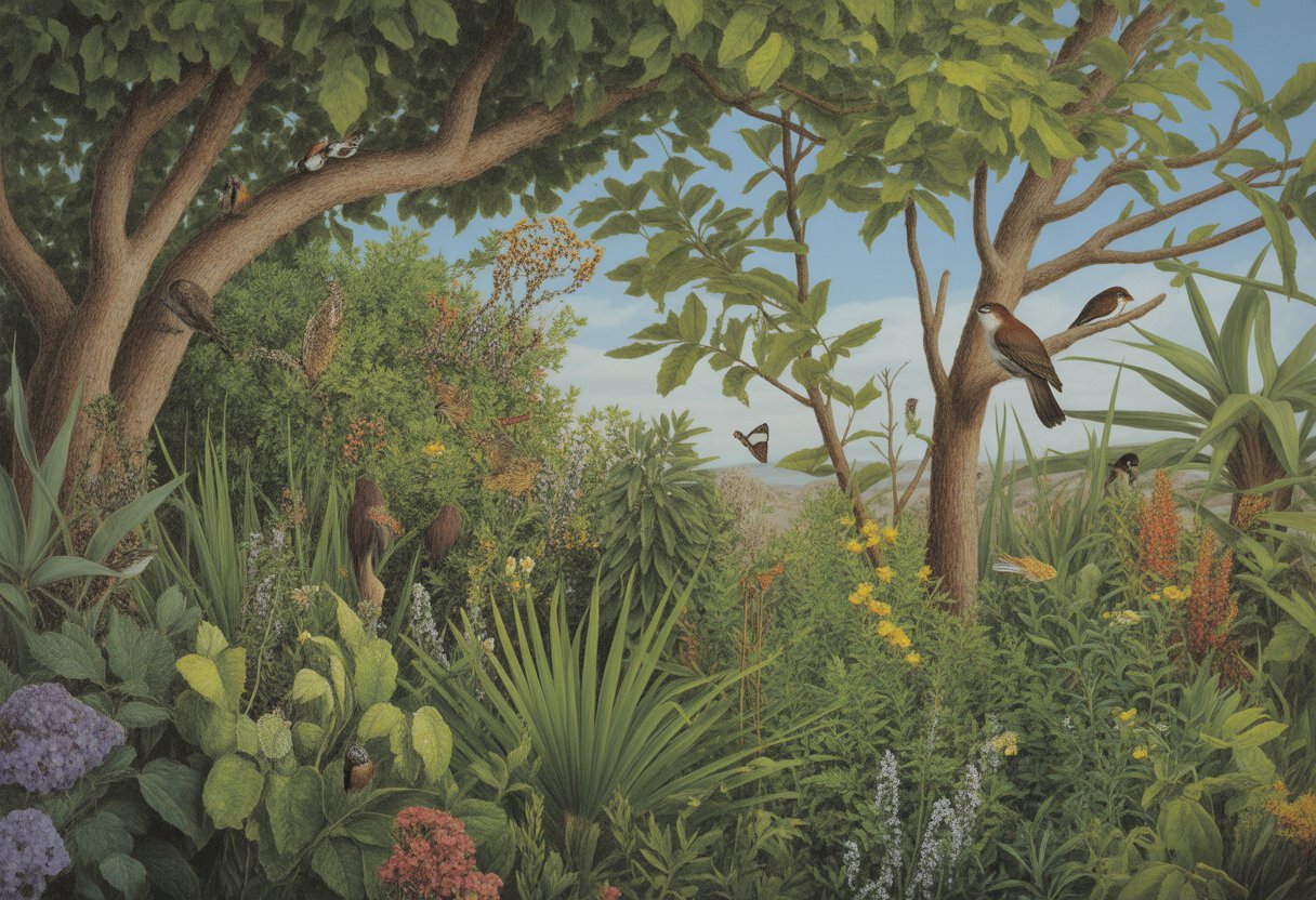 A native plant garden with trees and shrubs hosting birds, butterflies, and small mammals under sunlight.