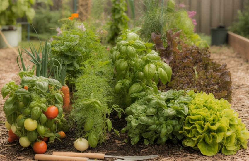 A close-up view of a vegetable garden with various healthy plants growing together, including tomatoes, basil, carrots, and lettuce.