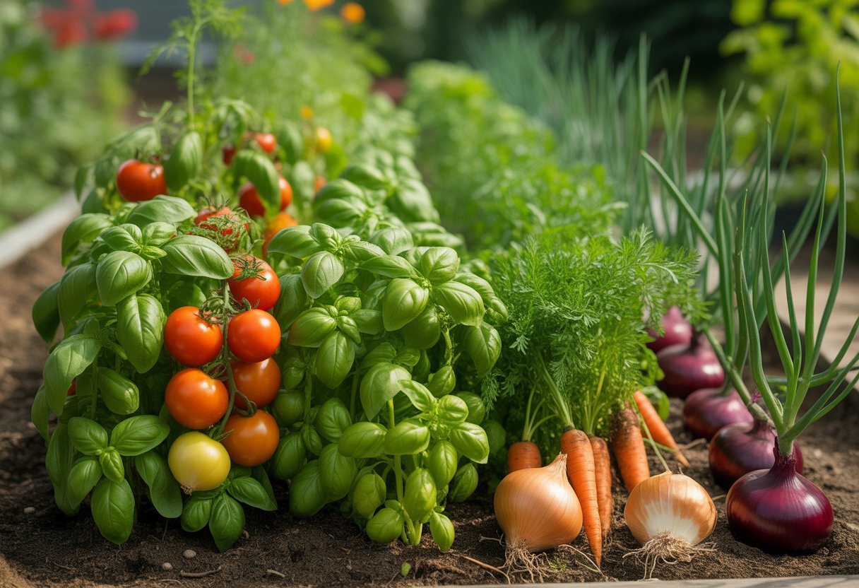 A vegetable garden showing healthy tomatoes, basil, carrots, and onions growing together in rich soil under sunlight.