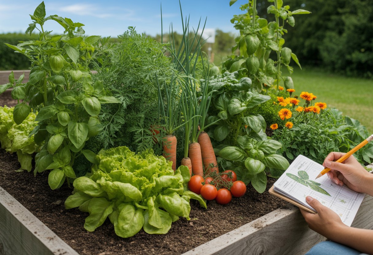 A vegetable garden with various plants growing together and a person holding a notebook with garden plans.