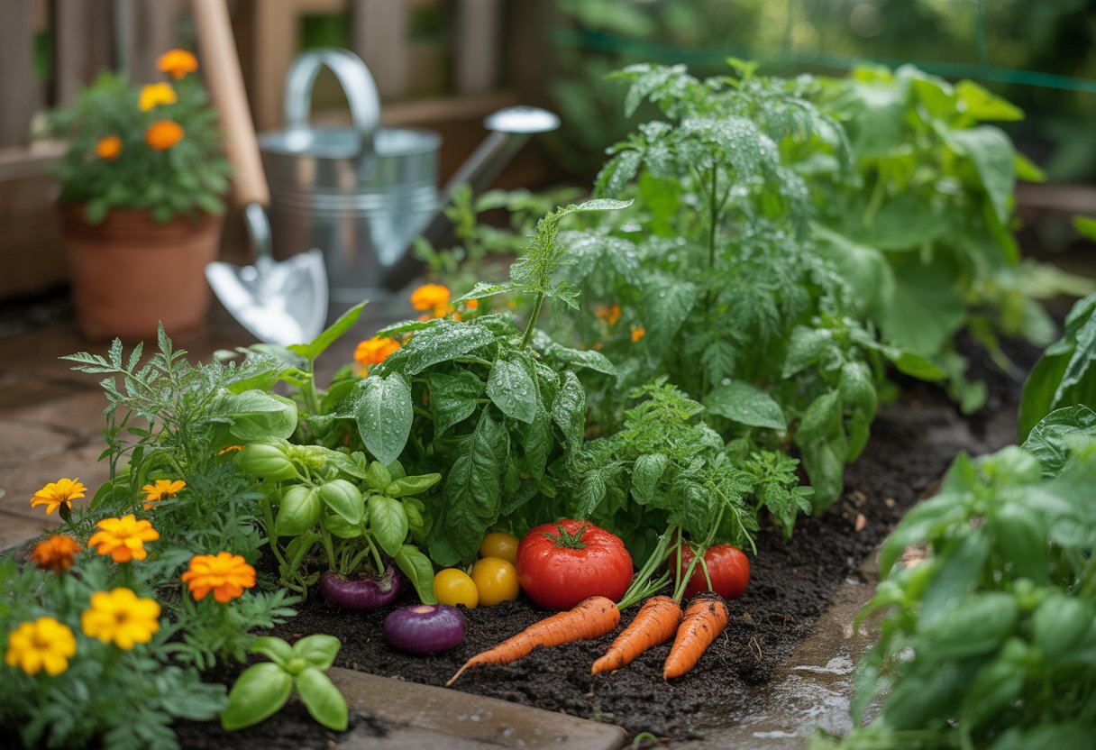 A vegetable garden with tomatoes, carrots, beans, marigolds, and basil growing together in sunlight with garden tools nearby.