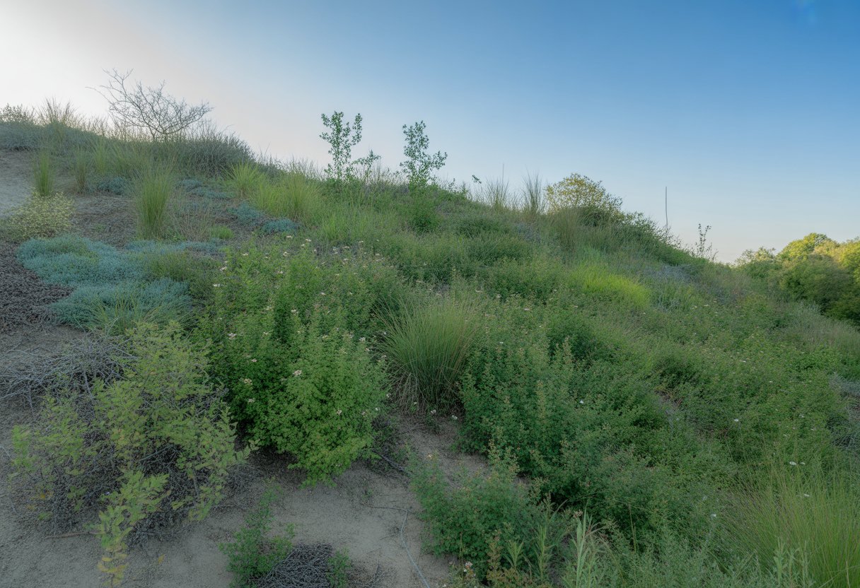 A sloping hillside covered with dense native plants and grasses to prevent erosion under a clear blue sky.