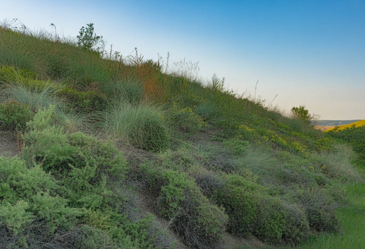 A green hillside covered with native plants preventing soil erosion under a clear blue sky.