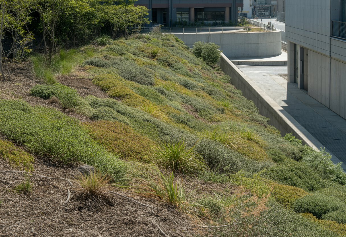 A hillside covered with native plants stabilizing the soil next to a concrete retaining wall and a modern building.