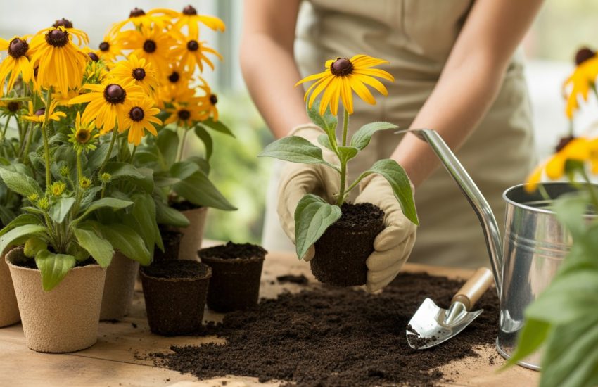 Hands planting black-eyed Susan seedlings in small pots with gardening tools nearby in a garden setting.