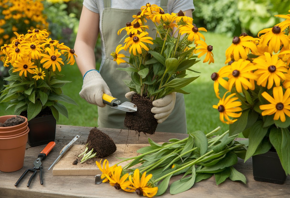 Hands dividing a Black-Eyed Susan plant and preparing cuttings on a wooden table in a garden.