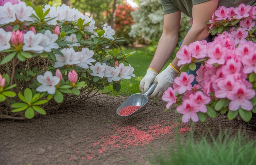 A gardener applying fertilizer to blooming azalea bushes in a sunny garden.