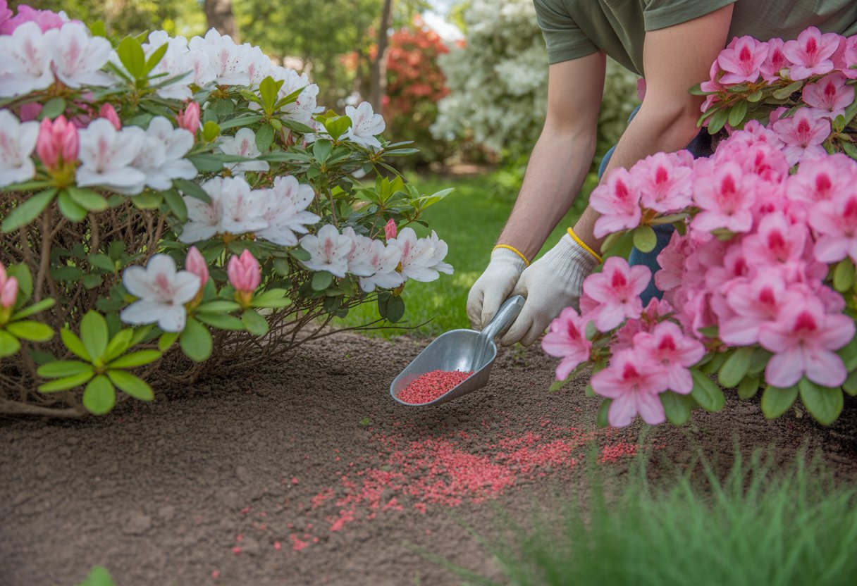 A gardener applying fertilizer to blooming azalea bushes in a sunny garden.