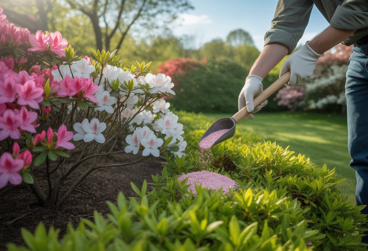 A gardener applying fertilizer to blooming azalea bushes in a sunny garden during early spring.