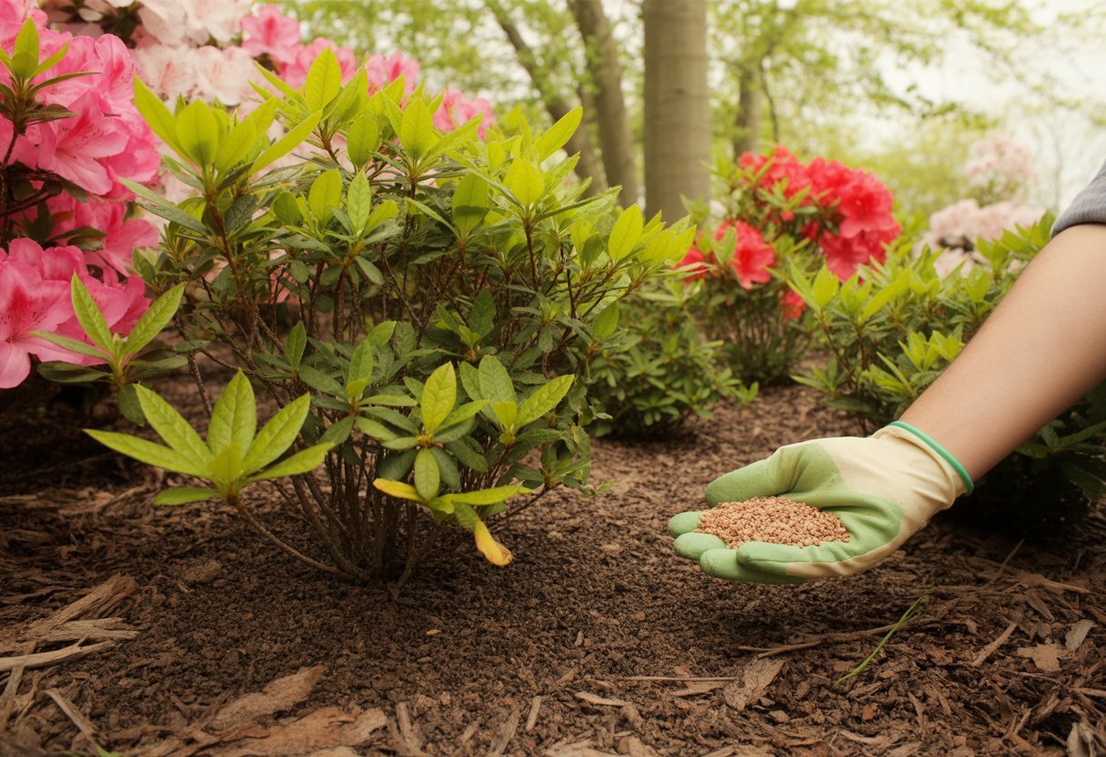 A gardener’s gloved hand applying fertilizer to healthy azalea bushes with pink and red flowers in rich soil under natural sunlight.