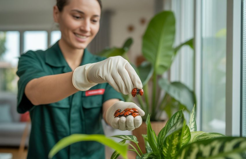 A pest control specialist releasing ladybugs onto indoor plants in a bright living room.