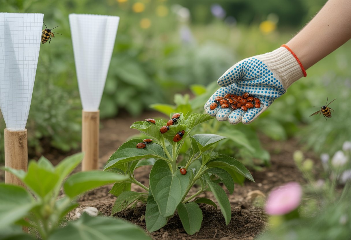 A person releasing ladybugs onto plants in a healthy garden, demonstrating natural pest control without chemicals.