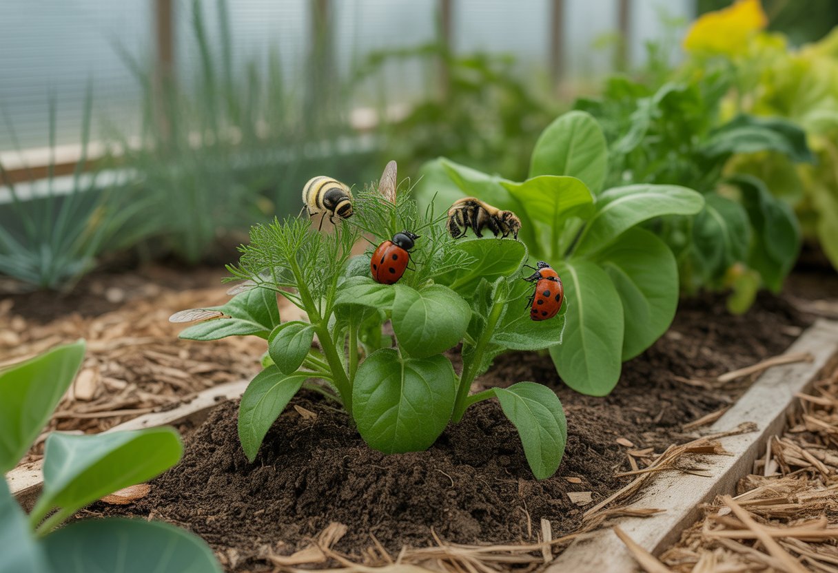 A healthy garden with green plants and beneficial insects like ladybugs and bees, showing natural pest control without chemicals.