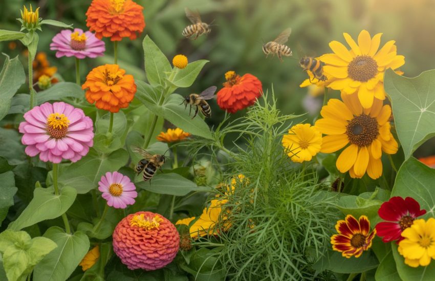 A garden filled with colorful blooming flowers and bees and butterflies visiting the blossoms.