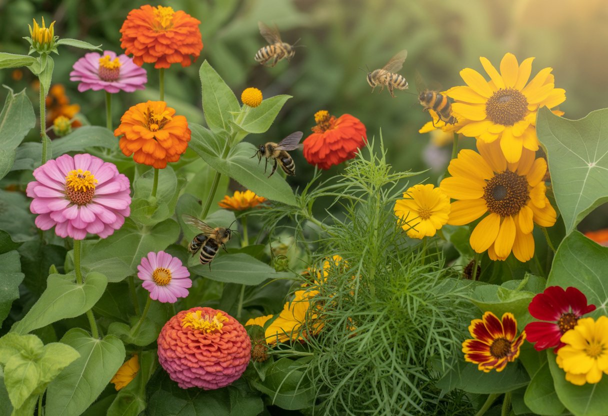 A garden filled with colorful blooming flowers and bees and butterflies visiting the blossoms.