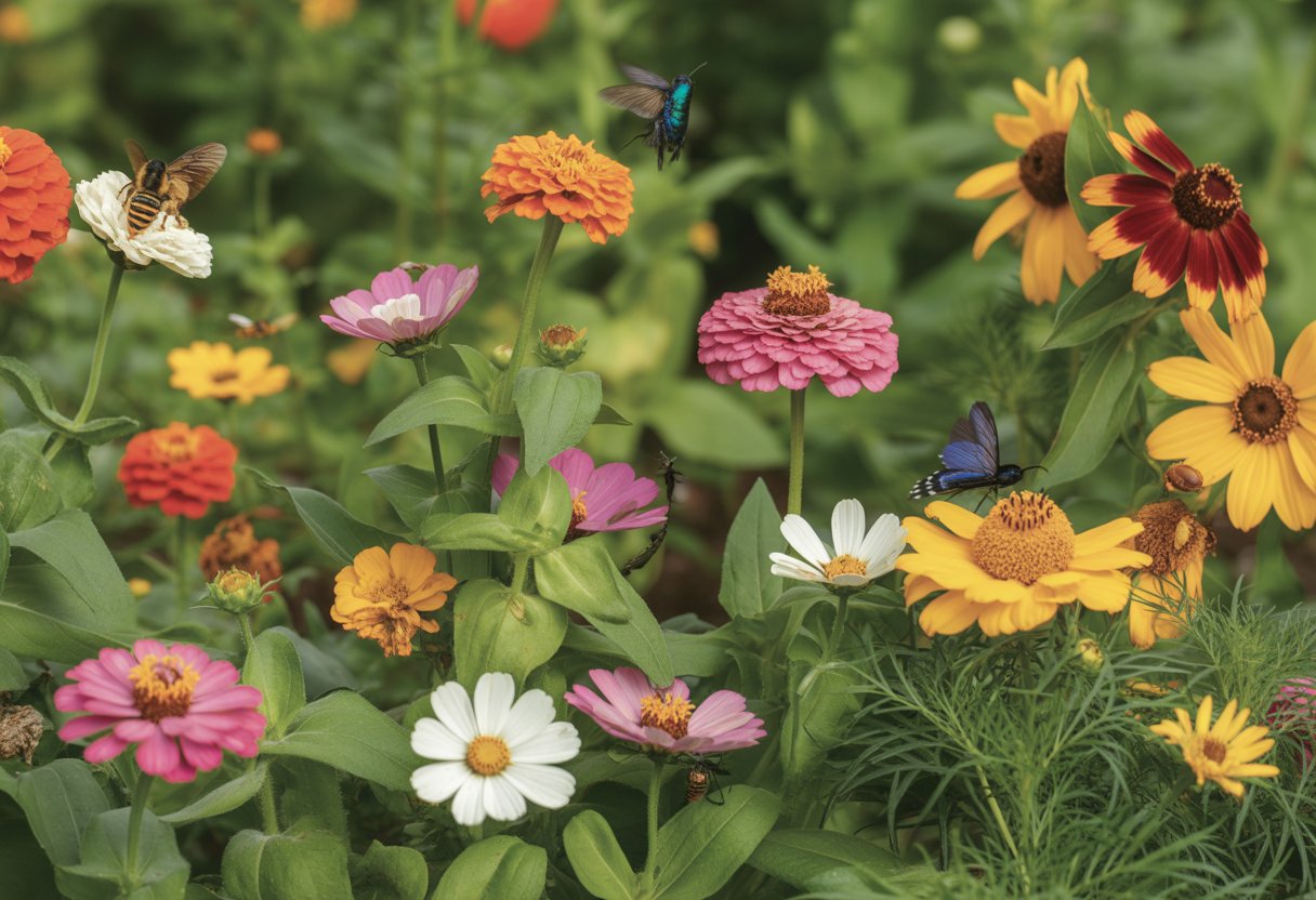 A garden with colorful annual flowers attracting bees, butterflies, and hummingbirds among blooming plants.