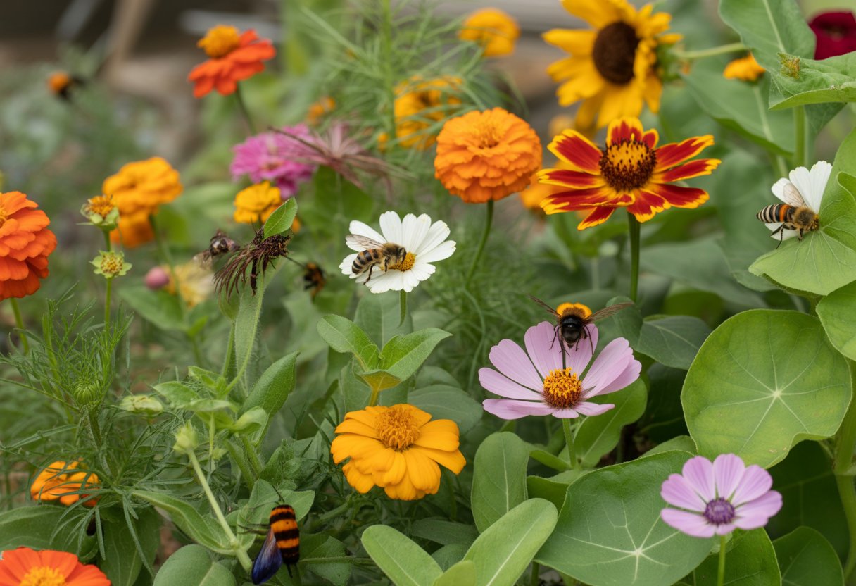 A colorful garden bed filled with blooming annual flowers attracting bees and butterflies.