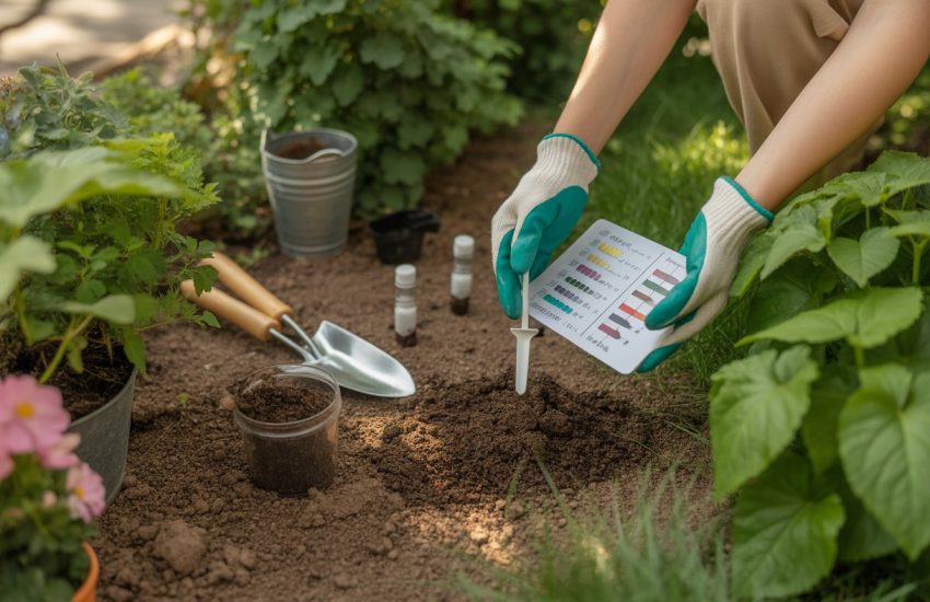 Hands wearing gardening gloves holding a soil test kit with soil samples and gardening tools in a garden with green plants.