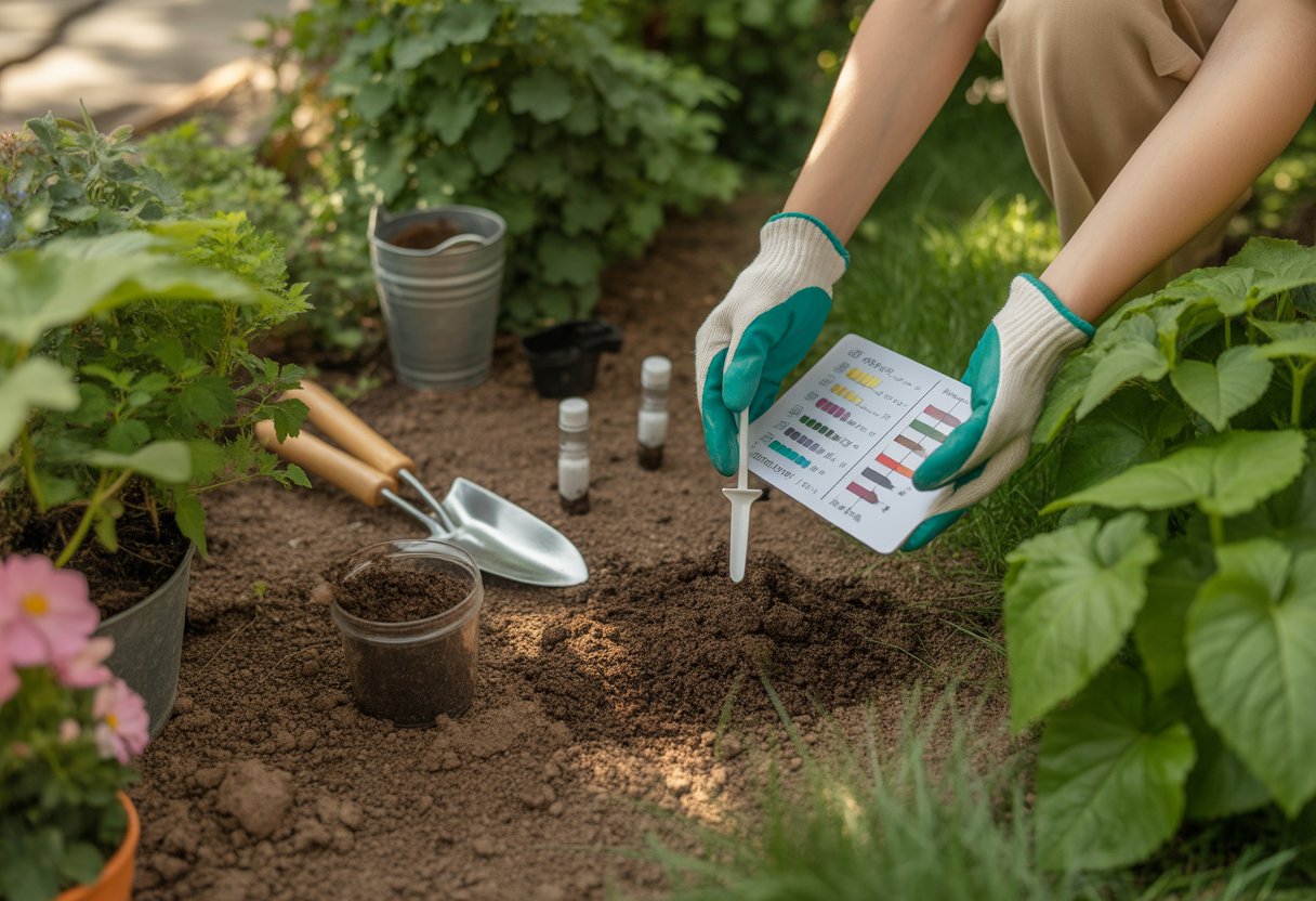 Hands wearing gardening gloves holding a soil test kit with soil samples and gardening tools in a garden with green plants.