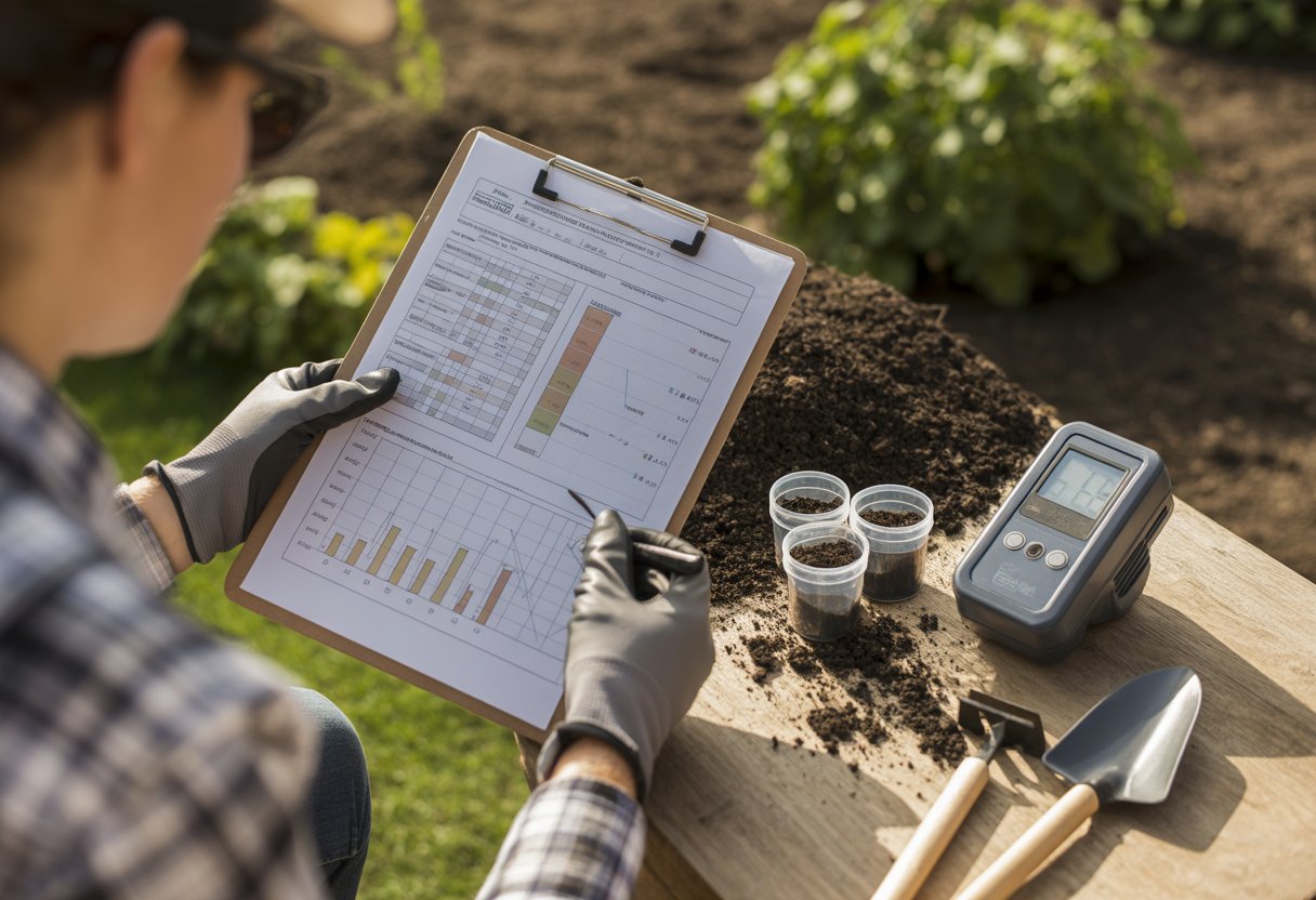 Person examining soil test results on a clipboard outdoors with soil samples and gardening tools on a wooden table in a garden.
