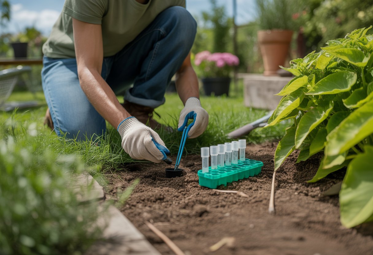 A person kneeling in a garden collecting soil samples using a soil test kit surrounded by green plants and gardening tools.
