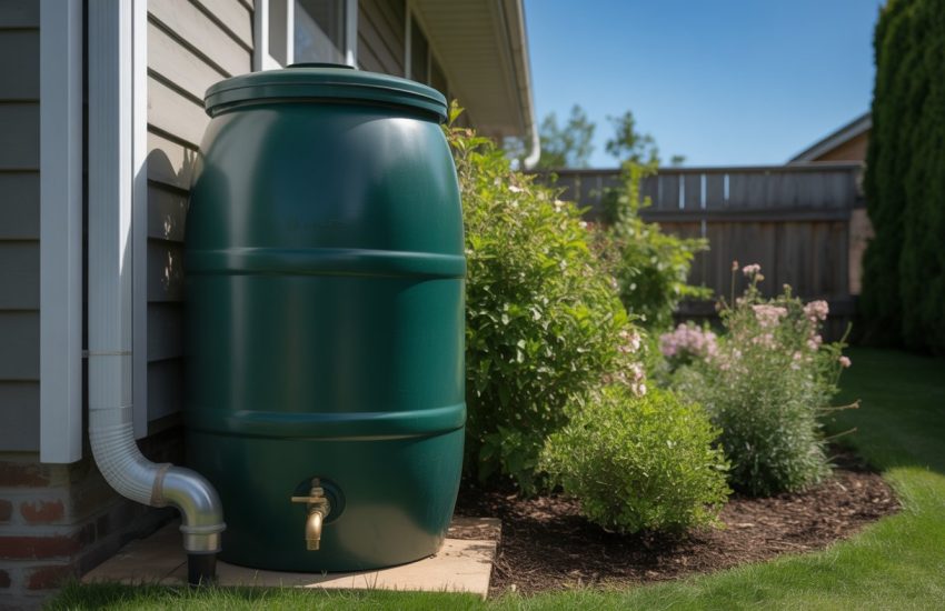 A rain barrel installed next to a house downspout in a garden with flowers and shrubs.