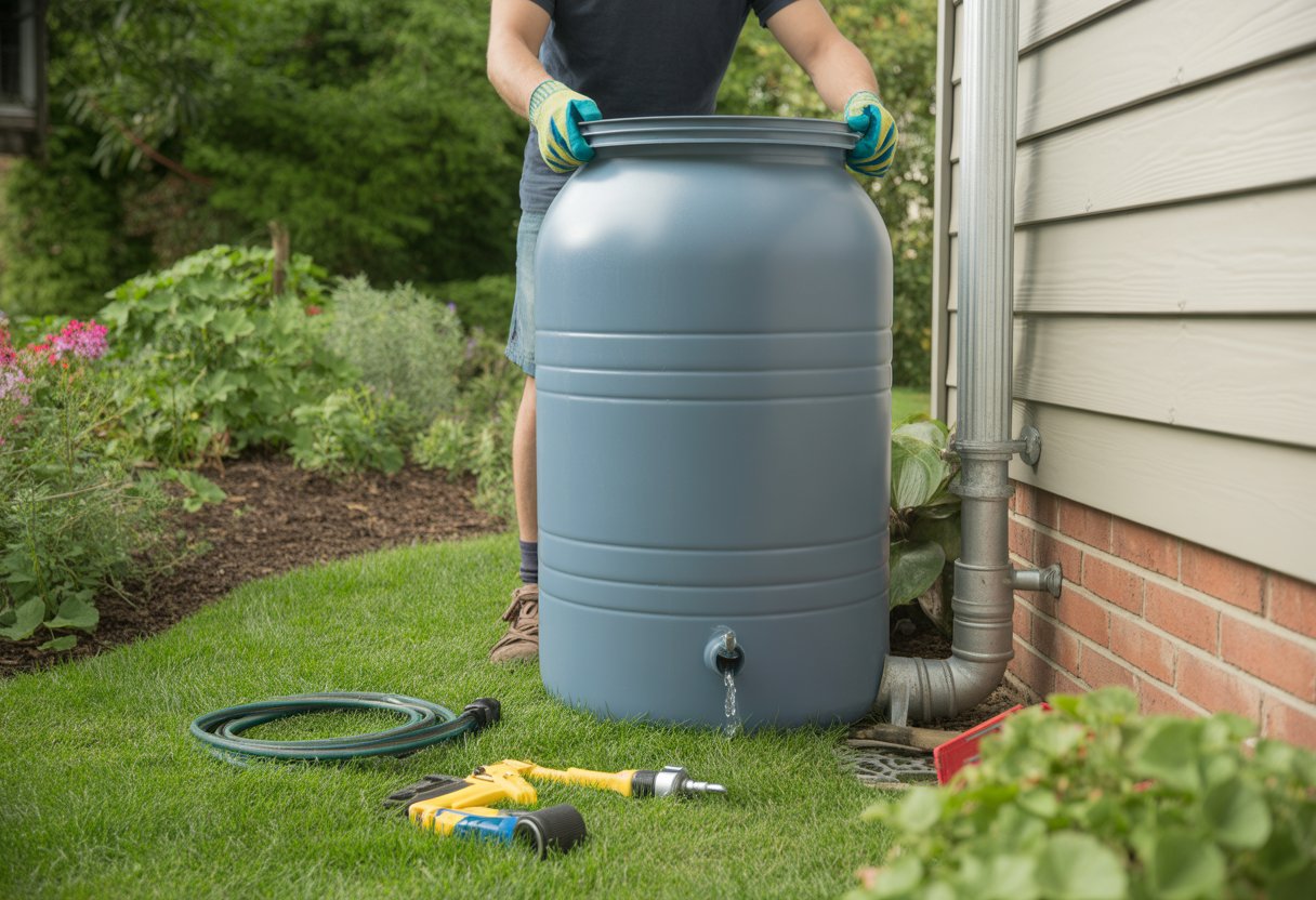 Person installing a rain barrel next to a house downspout in a garden surrounded by plants and gardening tools.