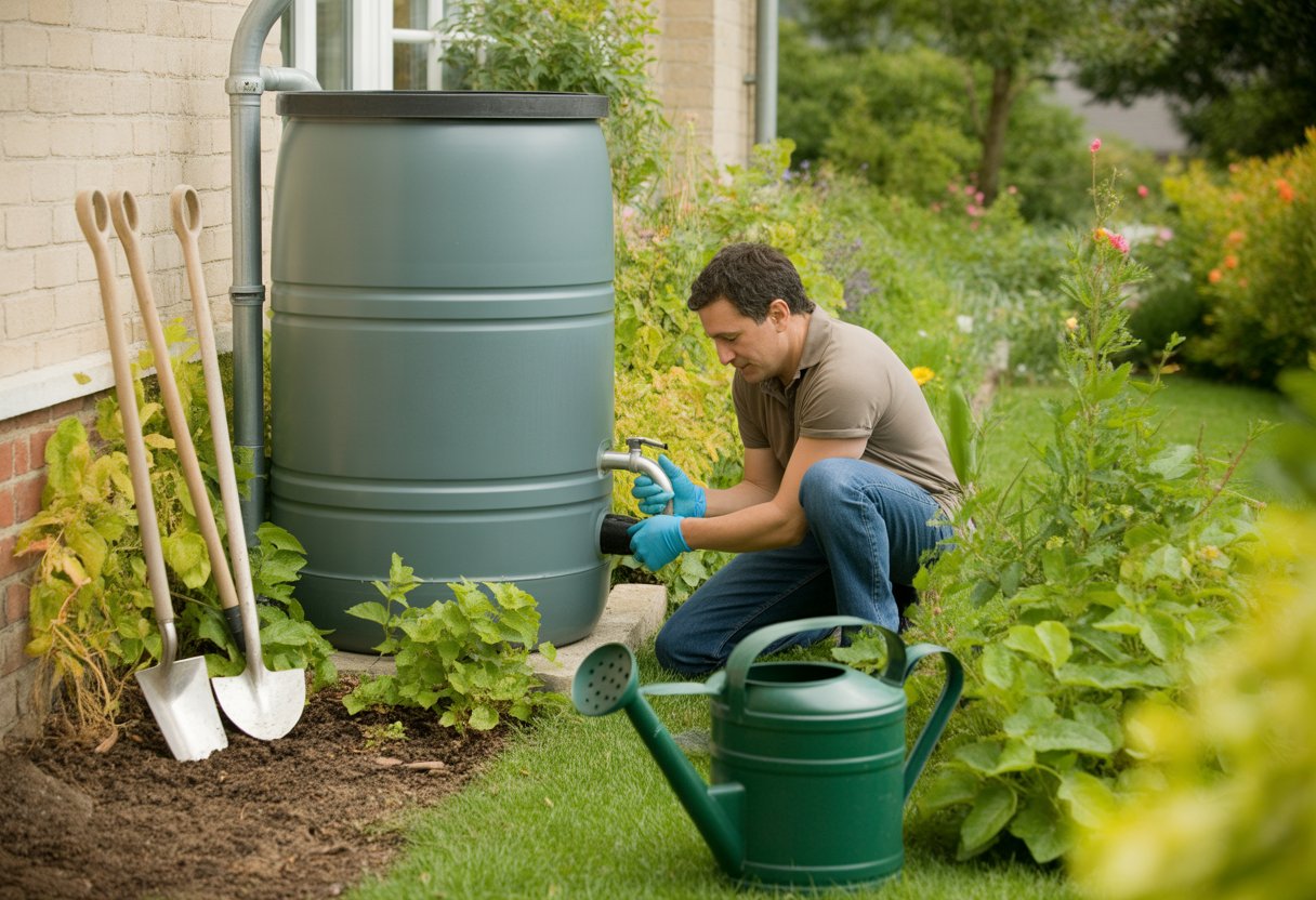 A gardener inspecting a rain barrel connected to a downspout in a green garden with plants and gardening tools nearby.