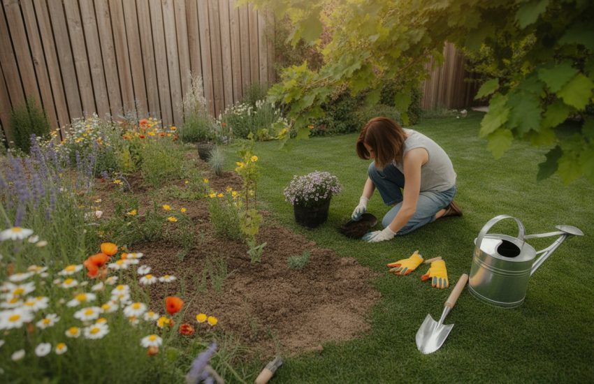 A person planting wildflowers in a backyard, replacing a traditional lawn with colorful flowers and soil patches.