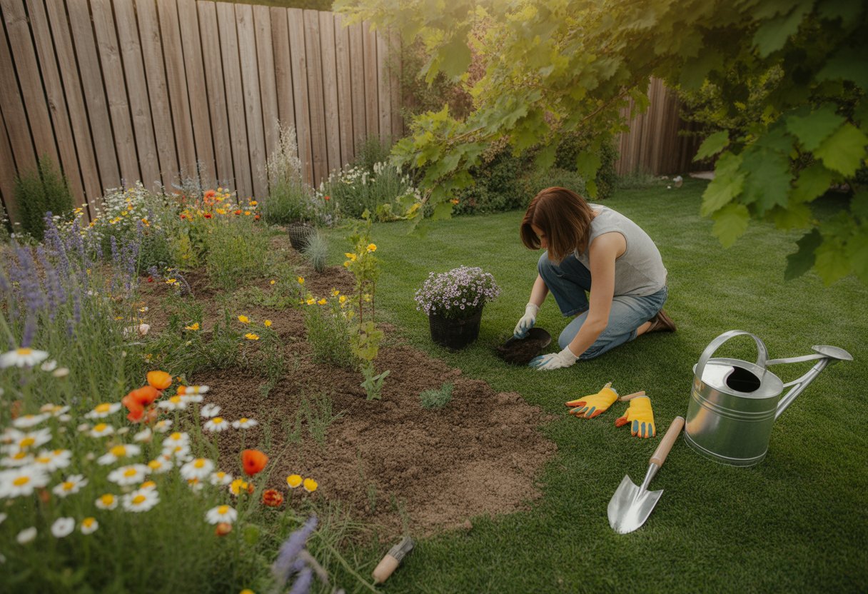 A person planting wildflowers in a backyard, replacing a traditional lawn with colorful flowers and soil patches.