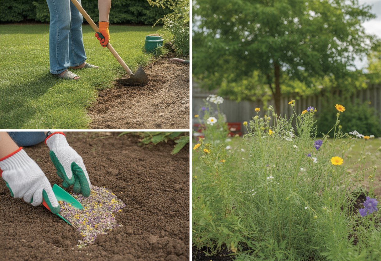 Hands preparing soil, sowing wildflower seeds, and young wildflowers growing in a backyard garden replacing a lawn.