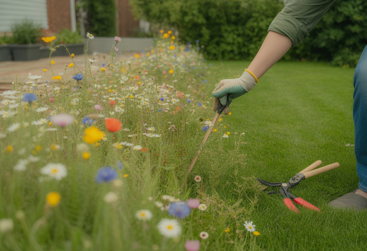 Person tending a colorful wildflower meadow with various blooming flowers in a garden replacing a traditional lawn.